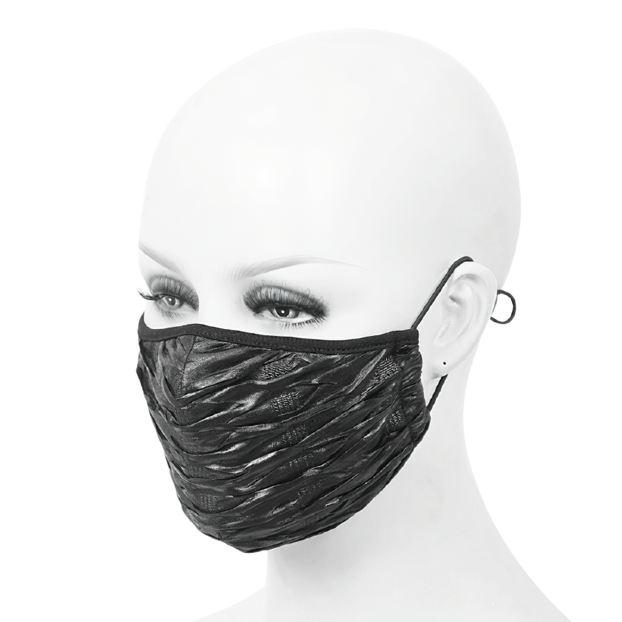Stylish unisex black Gothic face mask with adjustable cord, featuring a unique wrinkled effect, perfect for cyberpunk fashion.