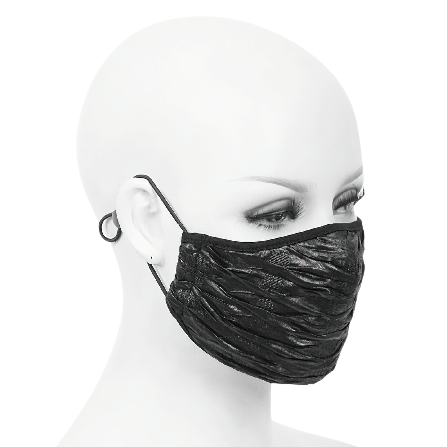 Stylish unisex Gothic black face mask with adjustable cord and wrinkled effect for cyberpunk fashion.