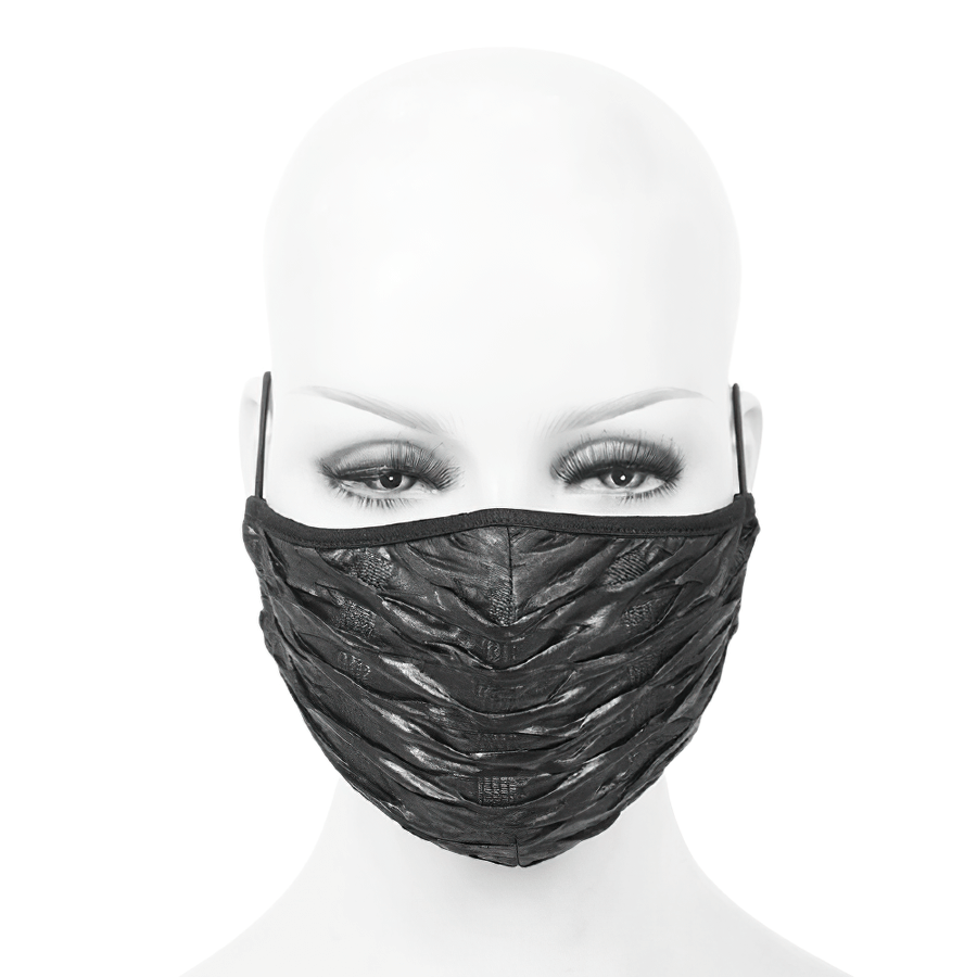 Unisex gothic black face mask with adjustable cord, featuring a unique wrinkled effect for a cyberpunk look.