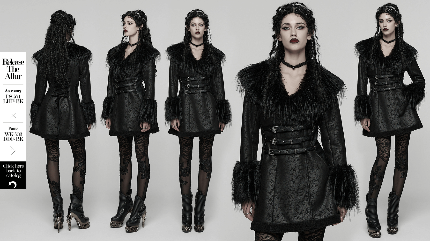 Gothic Black Faux Fur Coat with Belt and Lace-Up Back displayed from multiple angles