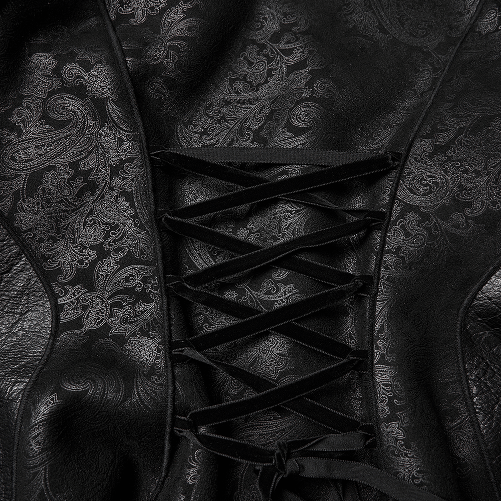Lace-up detail of the Gothic Black Faux Fur Coat with Belt and Lace-Up Back, showcasing intricate jacquard patterns.
