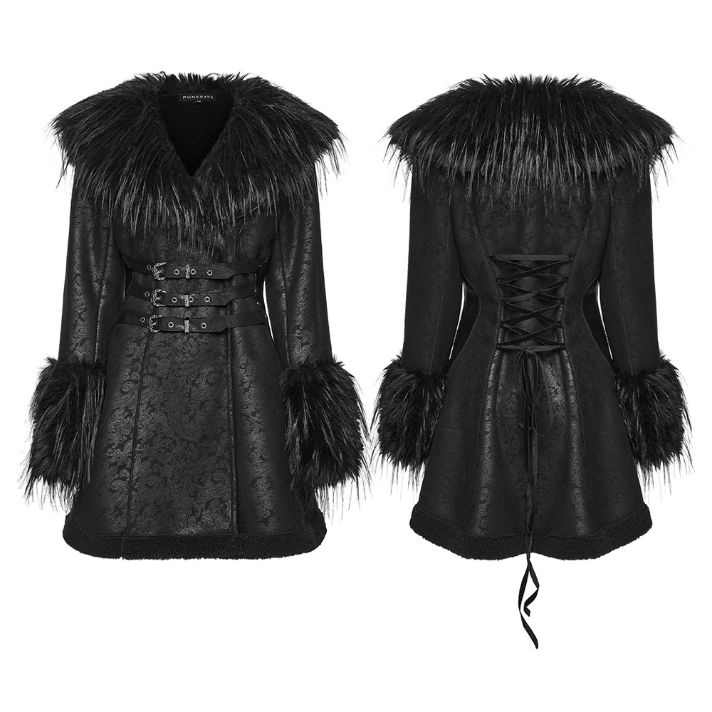 Gothic Black Faux Fur Coat with Belt and Lace-Up Back showcasing side and back views, elegant fur trim details.
