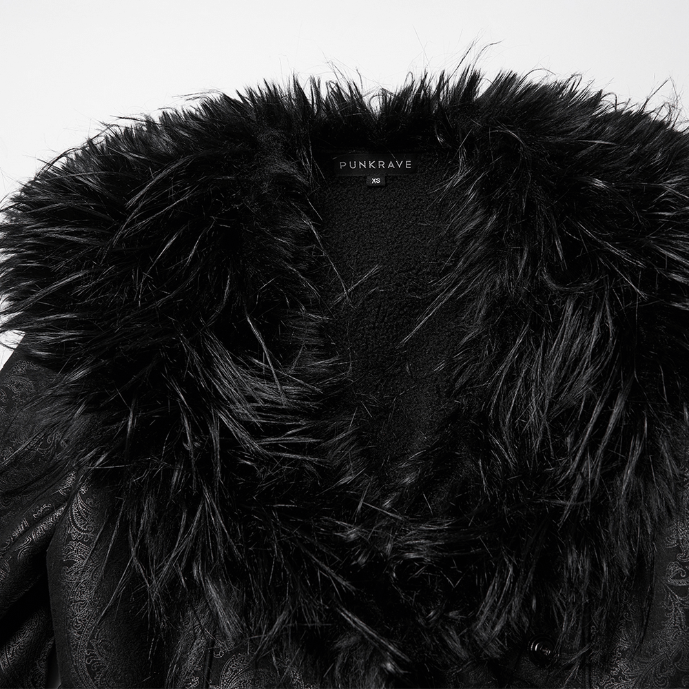 Gothic Black Faux Fur Coat with Belt and Lace-Up Back featuring a plush faux fur collar.