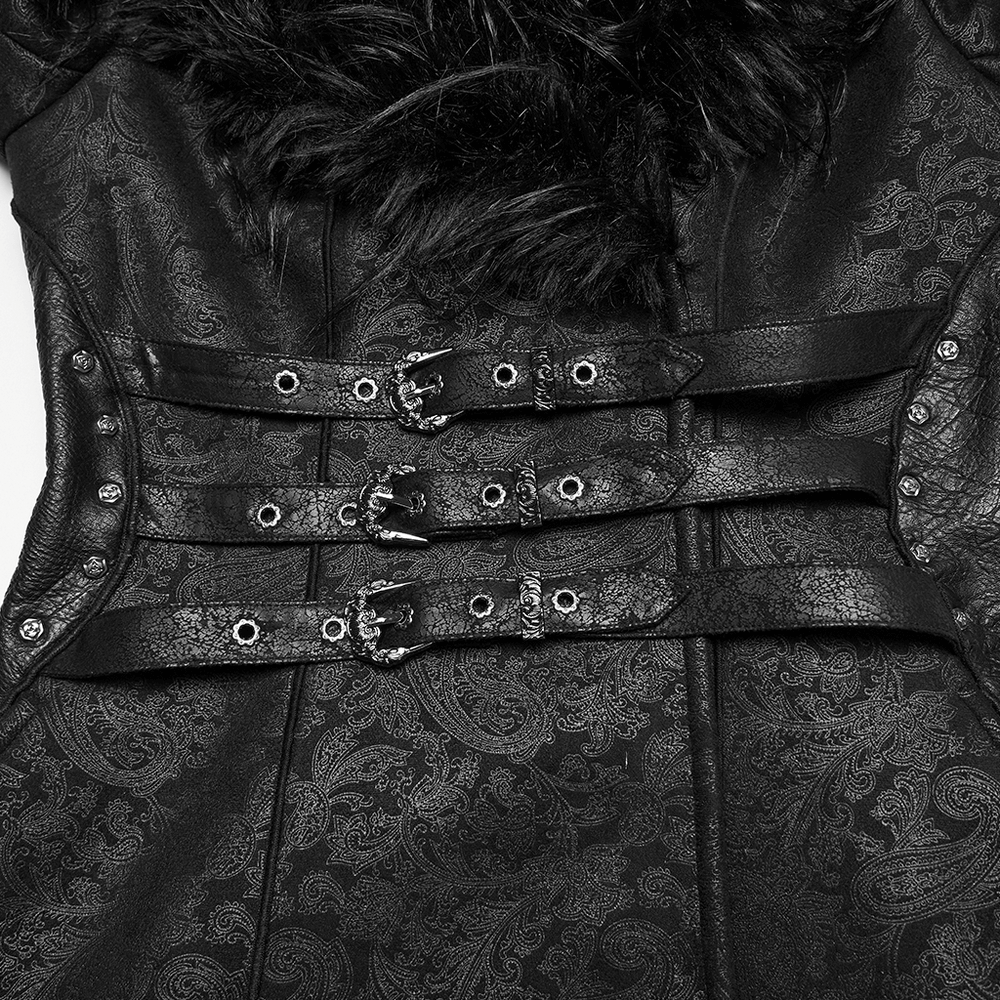 Gothic Black Faux Fur Coat with Belt and Lace-Up Back featuring triple buckle straps and elegant jacquard texture.