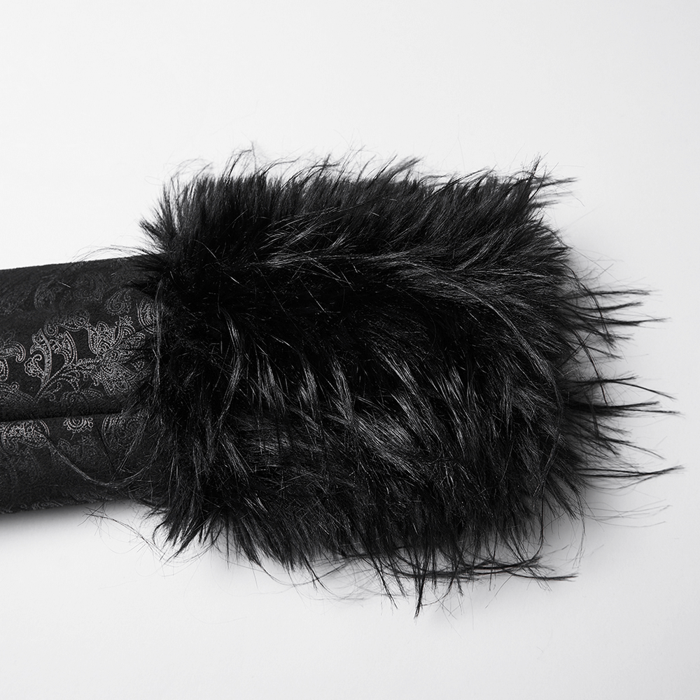 Gothic Black Faux Fur Coat with Belt and Lace-Up Back featuring luxurious faux fur trim on sleeves.