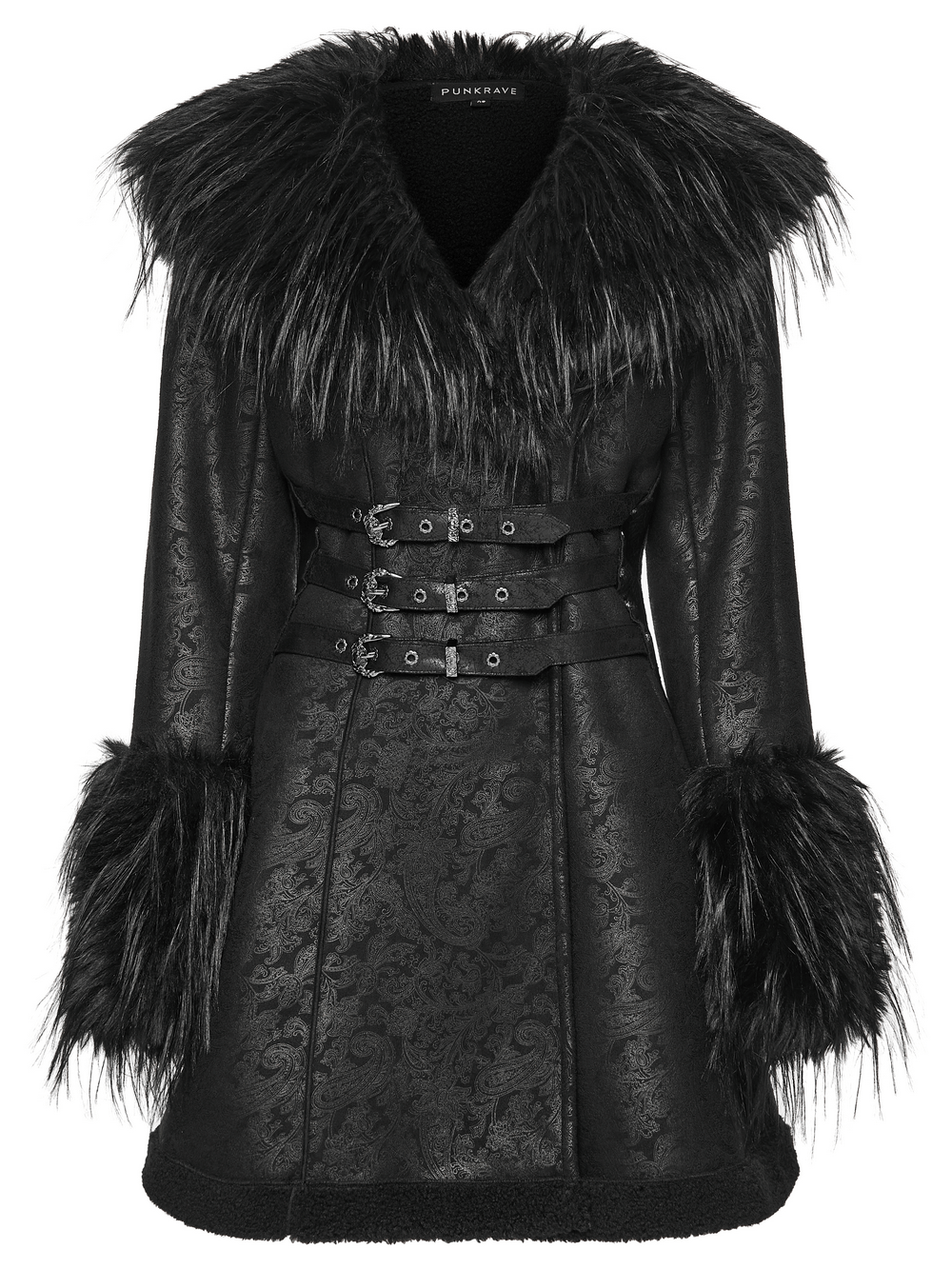 Gothic Black Faux Fur Coat with Belt and Lace-Up Back featuring a plush collar and corset-like waist.