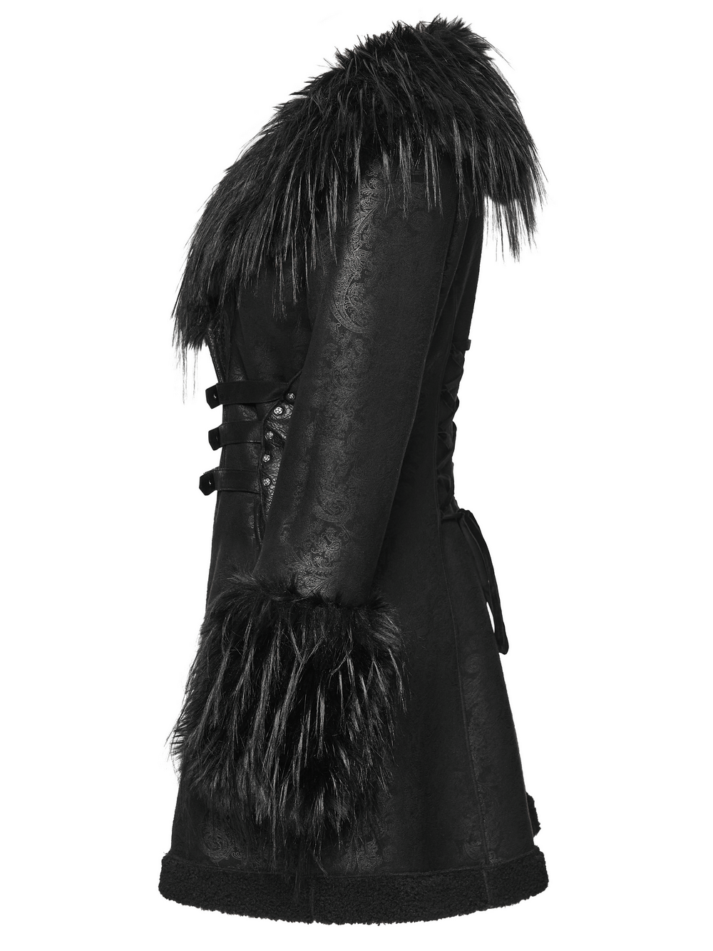 Gothic Black Faux Fur Coat with Belt and Lace-Up Back showcasing a luxurious faux fur collar and intricate lace-up detail.