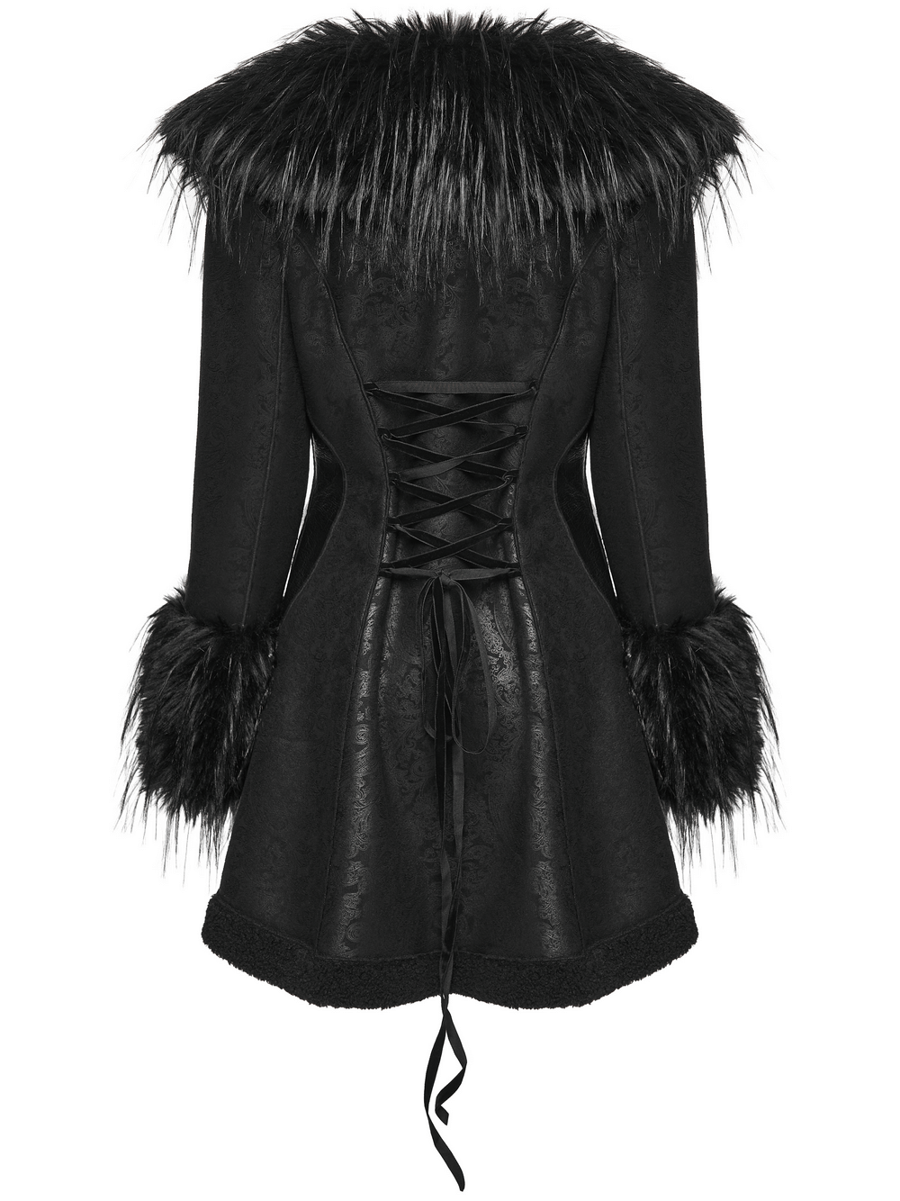 Gothic Black Faux Fur Coat with Belt and Lace-Up Back showcasing a luxurious lace-up back and elegant faux fur details.