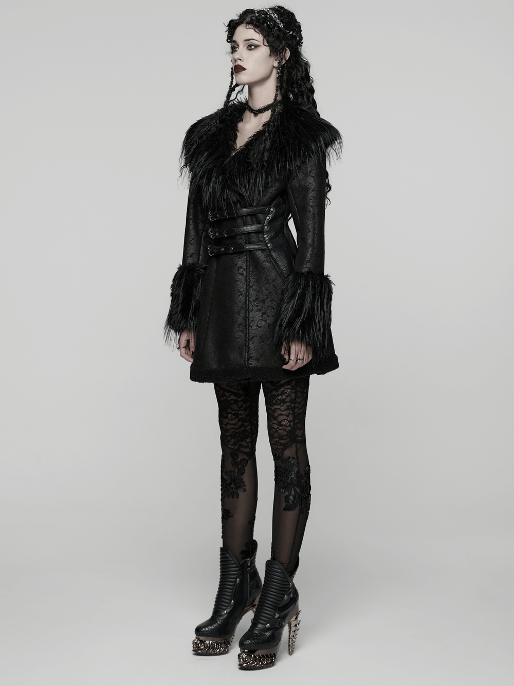 Gothic Black Faux Fur Coat with Belt and Lace-Up Back worn by a model showcasing gothic style and elegance.
