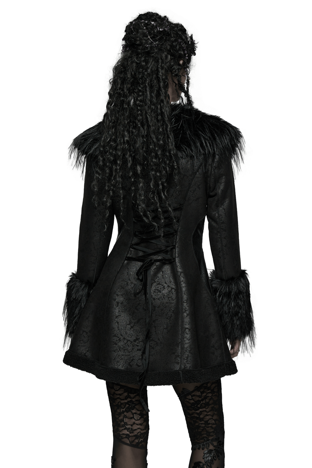 Gothic Black Faux Fur Coat with Belt and Lace-Up Back showcased from the back, featuring luxurious fur trim and a corset design.