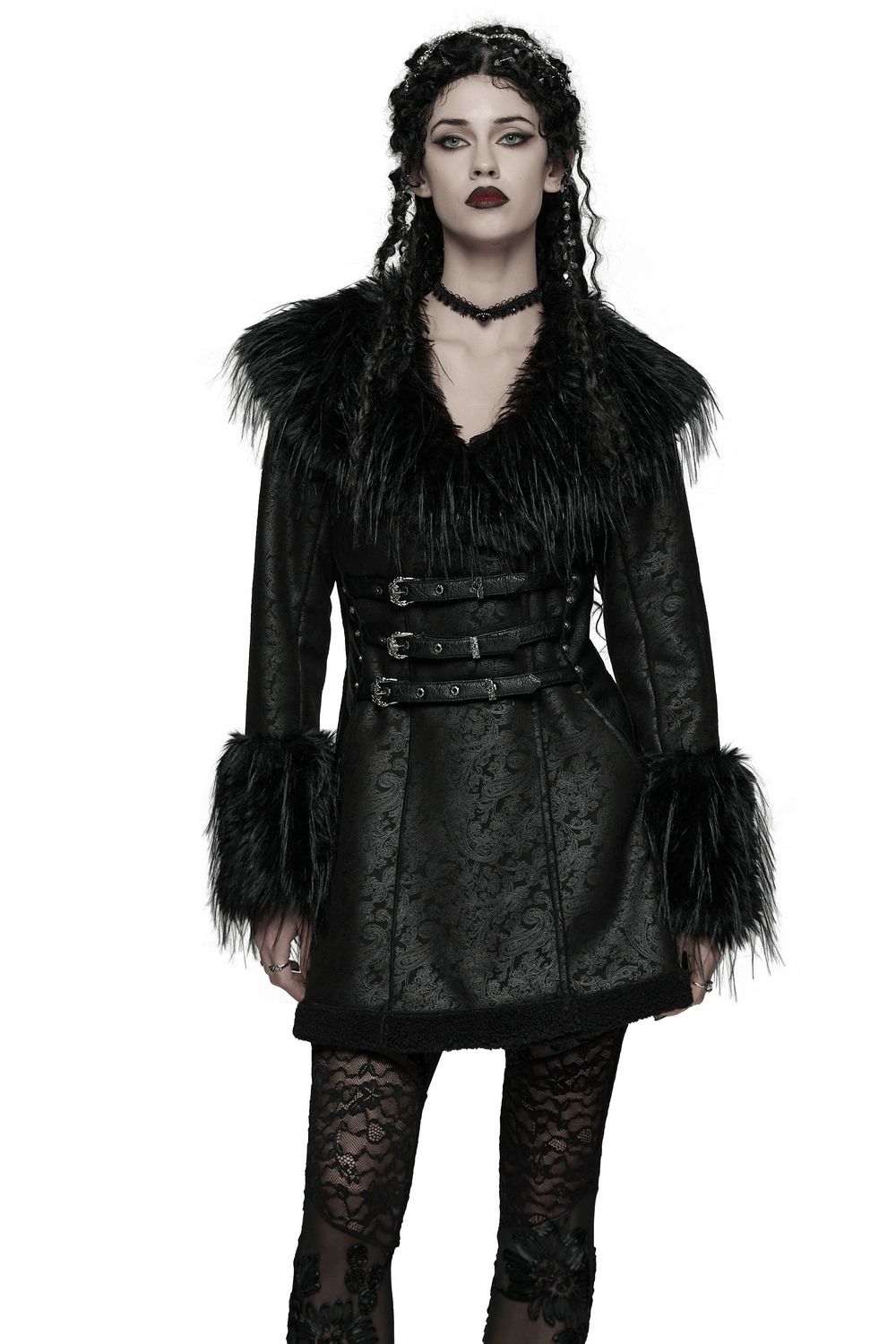 Gothic Black Faux Fur Coat with Belt and Lace-Up Back showcased on a model with dark makeup and striking accessories.