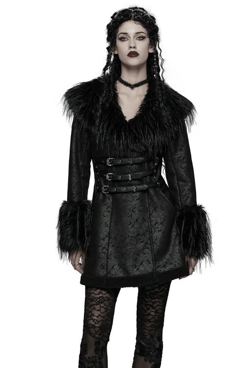 Manteau en fausse fourrure noire gothique avec ceinture et dos lacé