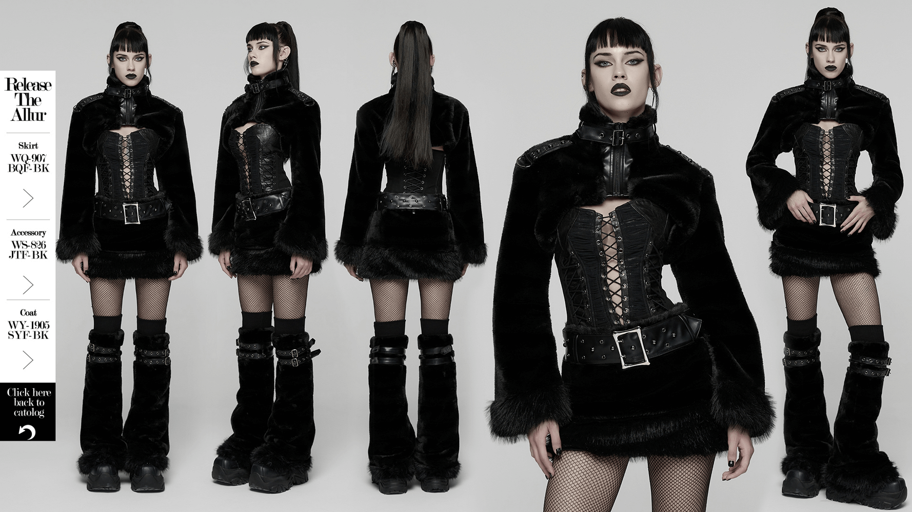Gothic Black Faux Fur Shrug Jacket with Studded Details worn by a model showcasing punk fashion.