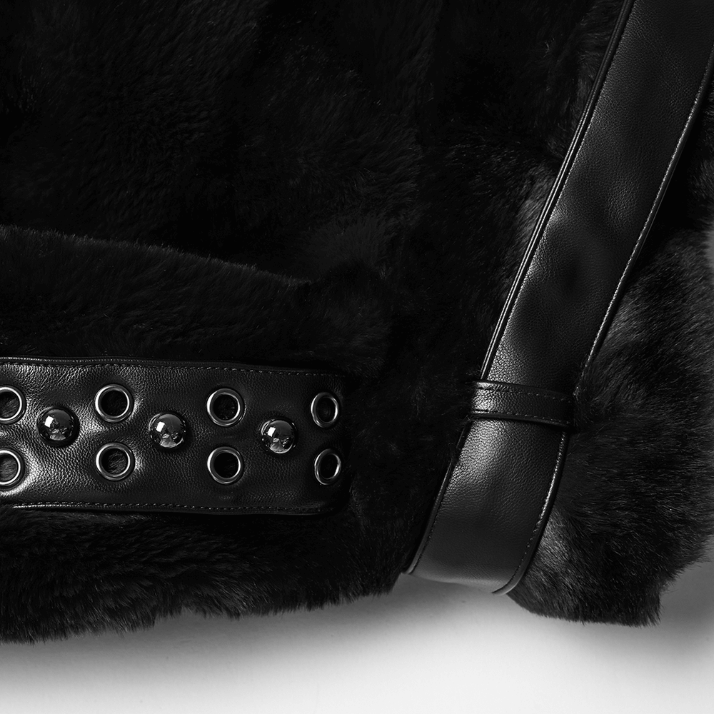 Gothic Black Faux Fur Shrug Jacket with Studded Details close-up showing texture and leather trim accents.