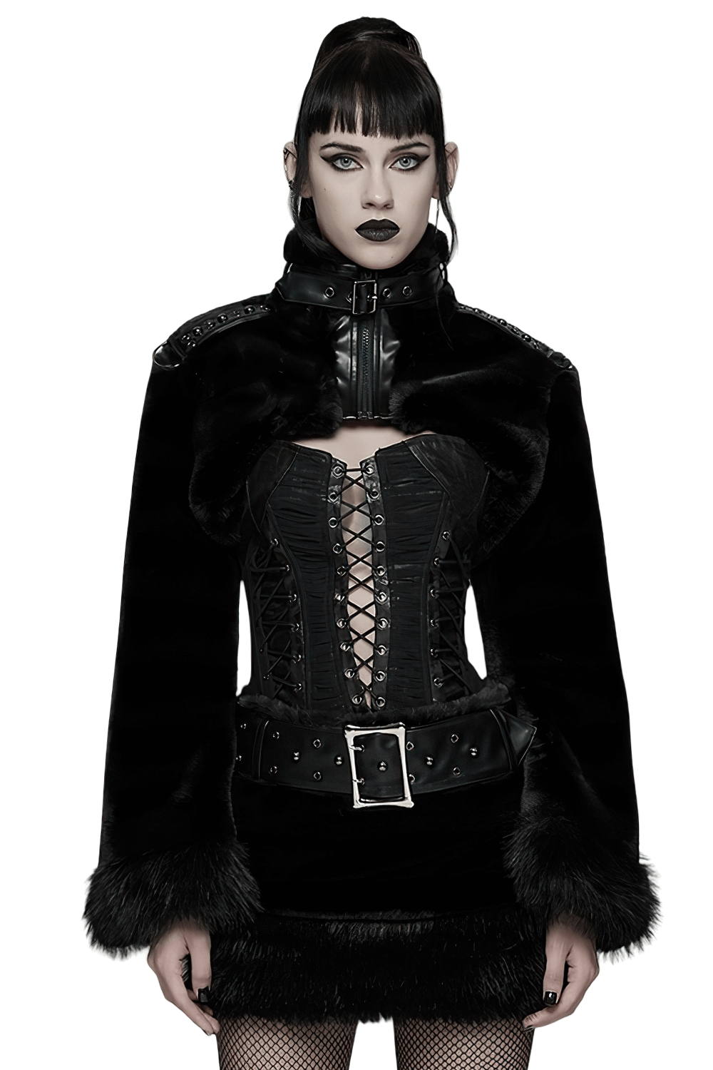 Gothic Black Faux Fur Shrug Jacket with Studded Details worn by a model, featuring a stand collar and chic silhouette.
