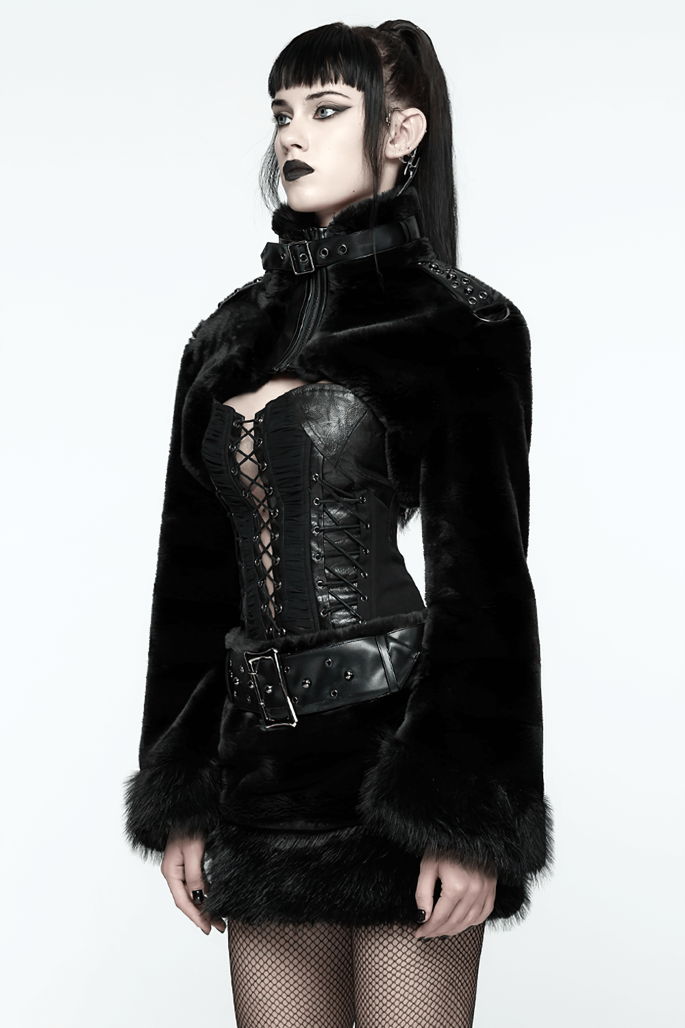 Gothic Black Faux Fur Shrug Jacket with Studded Details styled with edgy black ensemble