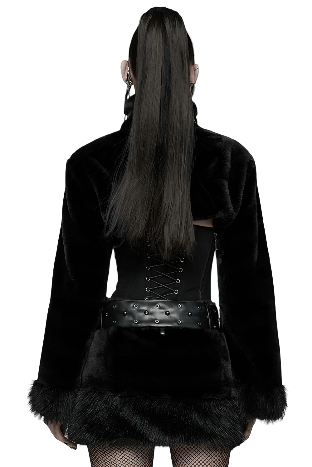 Gothic Black Faux Fur Shrug Jacket with Studded Details worn from the back, showcasing its fluffy texture and leather accents.
