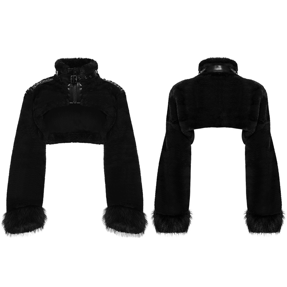 Gothic Black Faux Fur Shrug Jacket with Studded Details featuring a stand collar, leather trim, and fluffy texture.