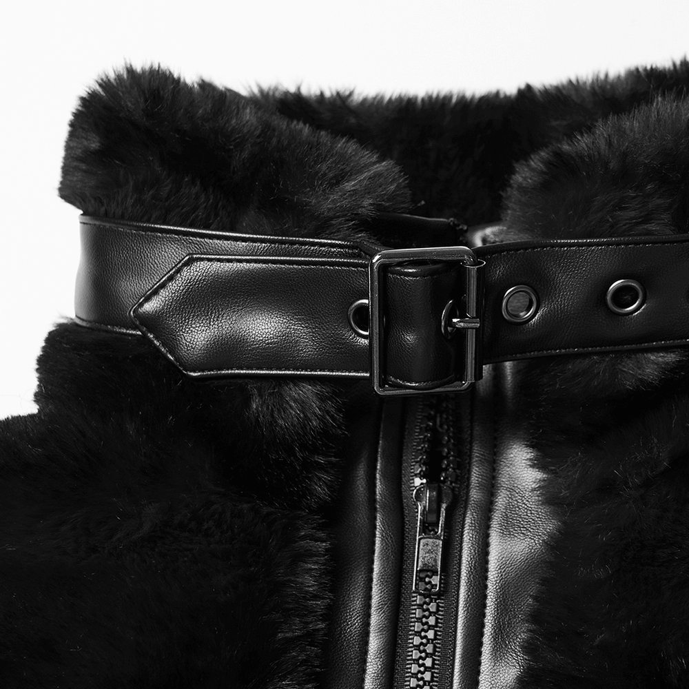 Gothic Black Faux Fur Shrug Jacket with Studded Details showcasing adjustable leather belt and fluffy collar.