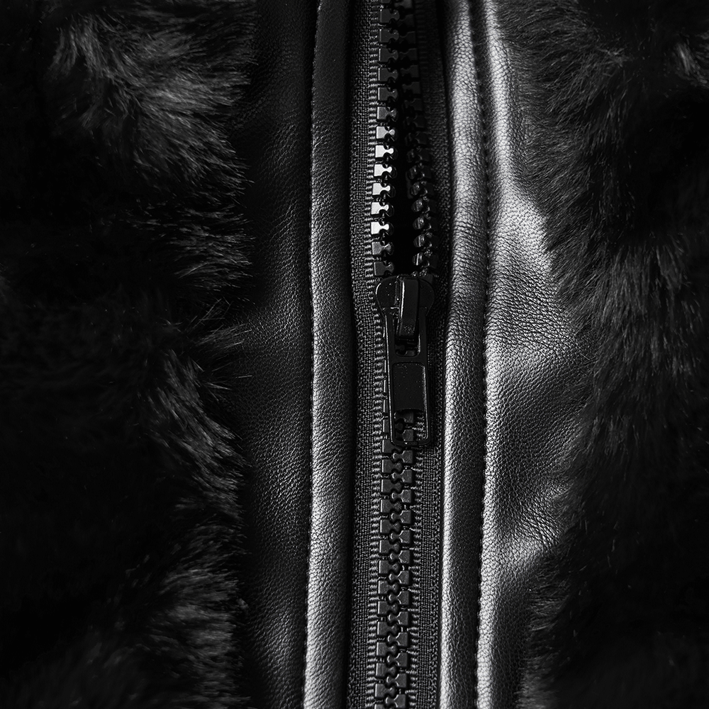 Gothic Black Faux Fur Shrug Jacket with Studded Details zipper close-up with luxurious soft texture and leather trim