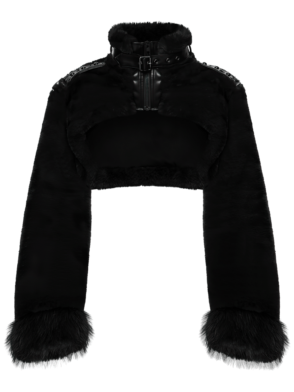Gothic Black Faux Fur Shrug Jacket with Studded Details, ultra-soft, cropped style with leather trim and stand collar.