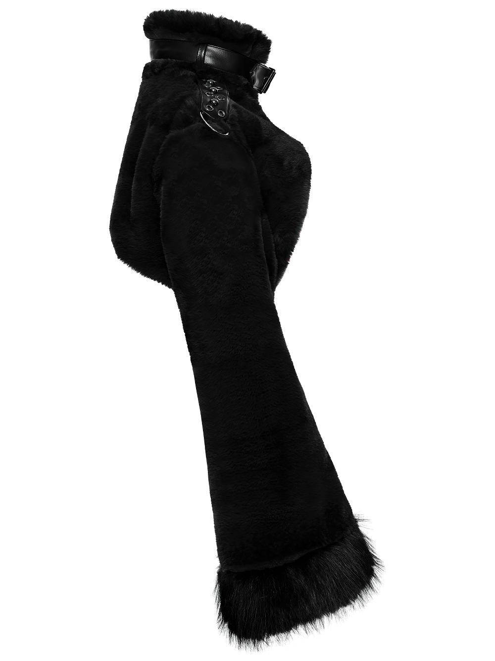 Gothic Black Faux Fur Shrug Jacket with Studded Details side view showcasing the soft fabric and leather trim.