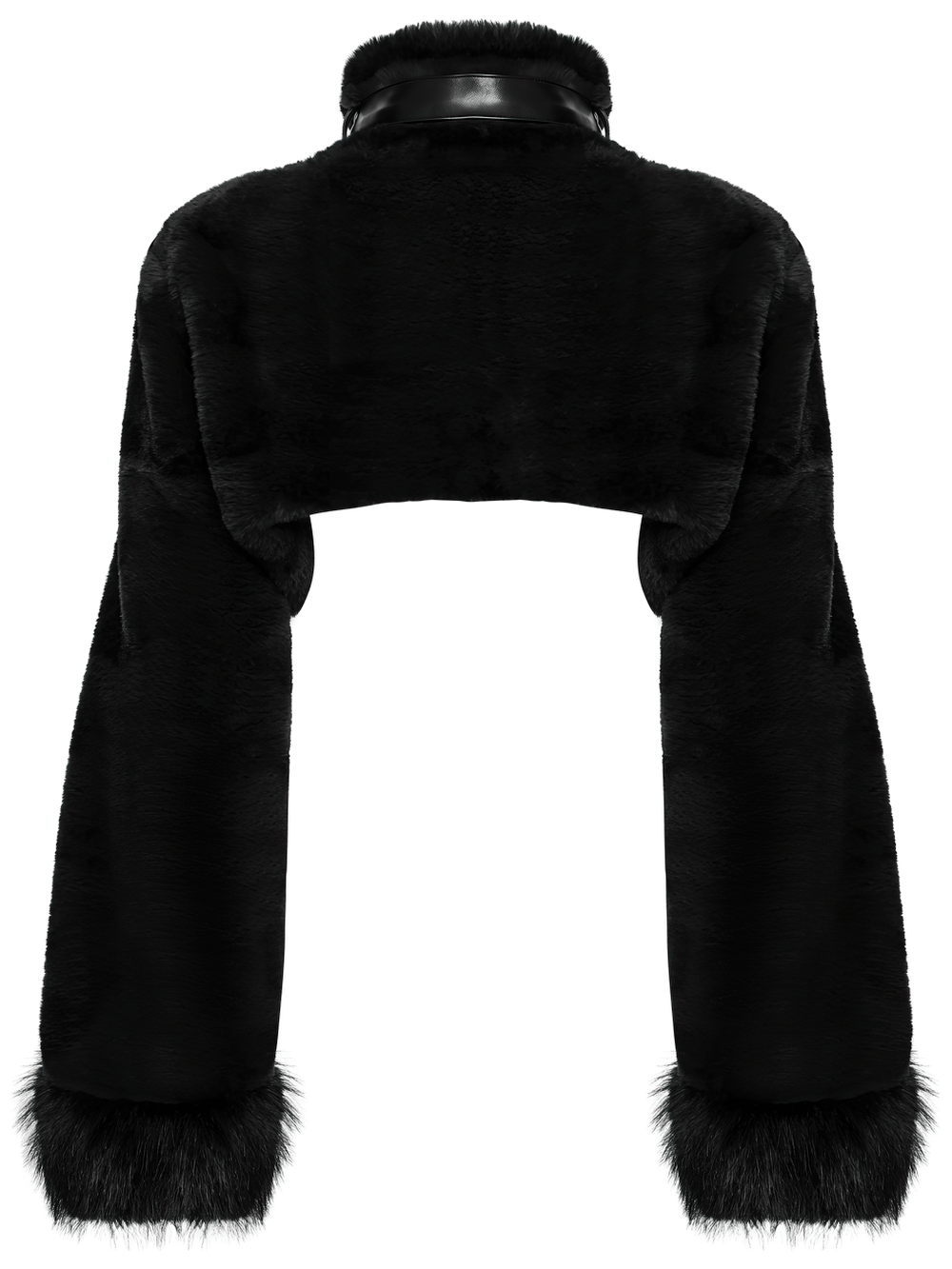 Gothic Black Faux Fur Shrug Jacket with Studded Details, featuring a stand collar and fluffy texture.