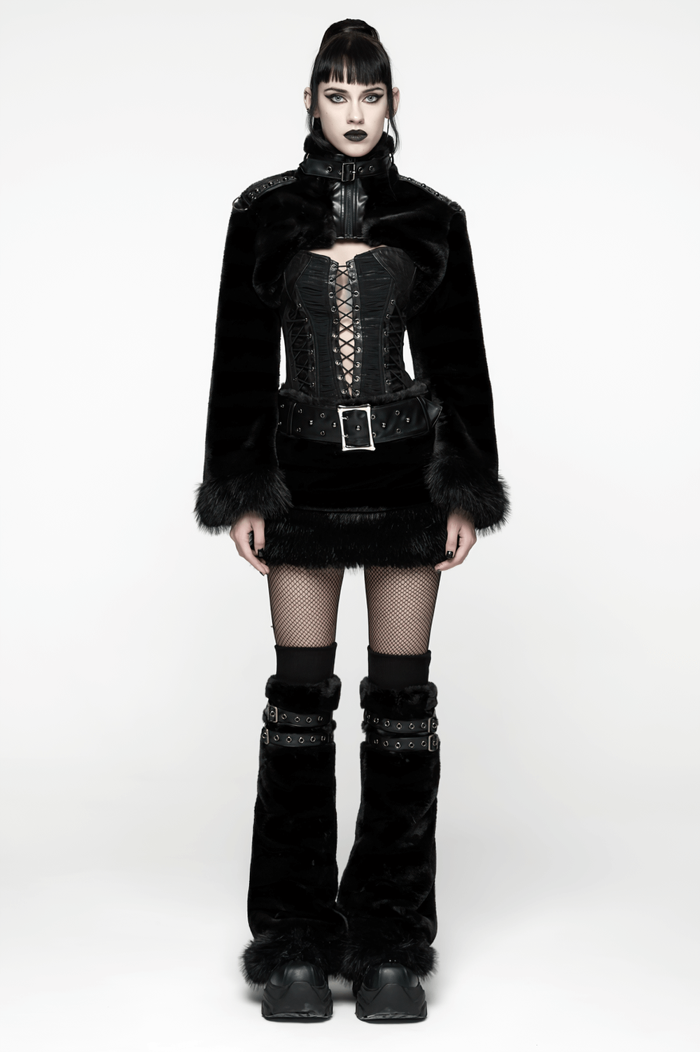 Gothic Black Faux Fur Shrug Jacket with Studded Details worn by model, featuring punk style, leather trim, and a striking silhouette.