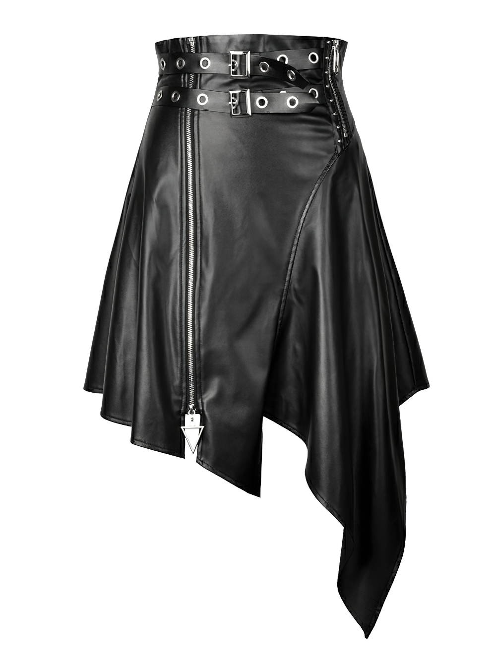 Gothic black faux leather asymmetric belted skirt with handkerchief hem and edgy triangle pendant detail.