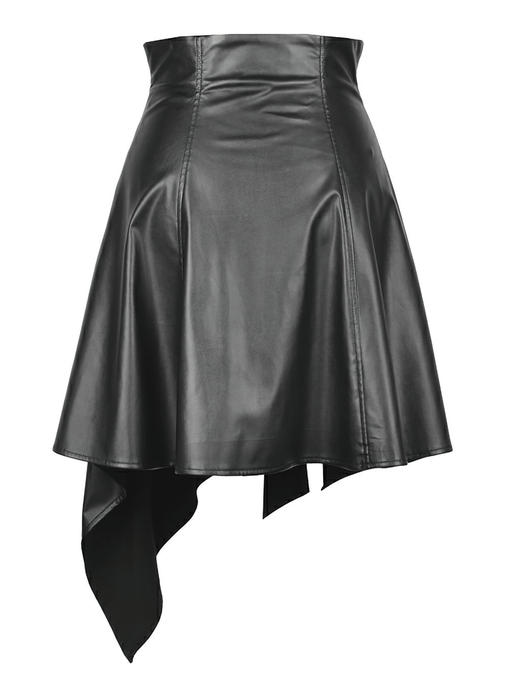Gothic black faux leather asymmetric belted skirt with a handkerchief hem, perfect for punk and alt fashion.