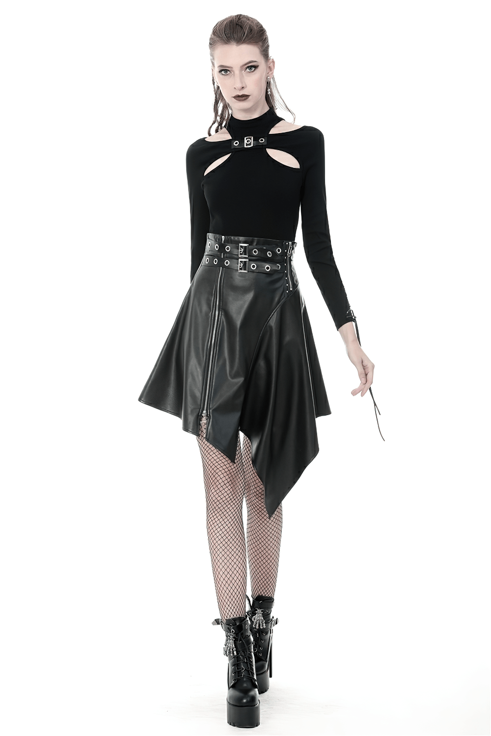 Model wearing a Gothic black faux leather asymmetric belted skirt with cutout top and edgy accessories.