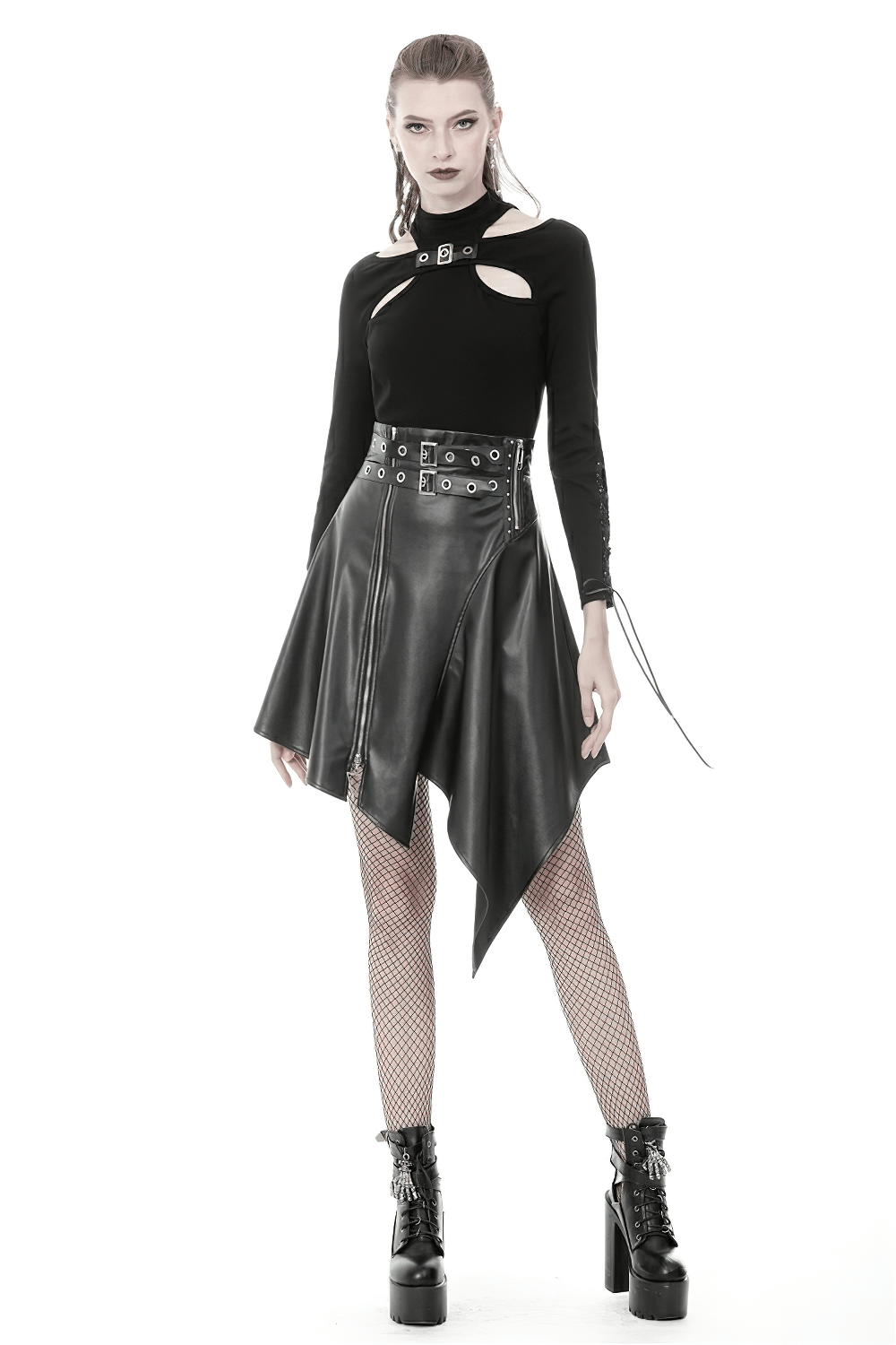 Gothic black faux leather asymmetric belted skirt with daring hem and punk details, styled with edgy footwear.