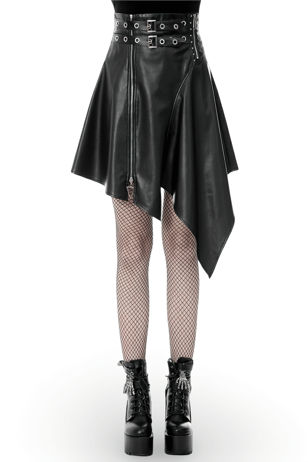 Gothic black faux leather asymmetric belted skirt with punk style, featuring a daring handkerchief hem and double grommet belts.