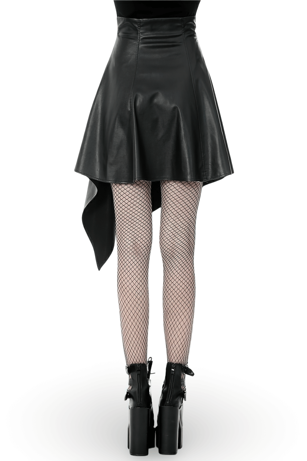 Back view of a gothic black faux leather asymmetric belted skirt paired with fishnet tights and chunky platform boots.