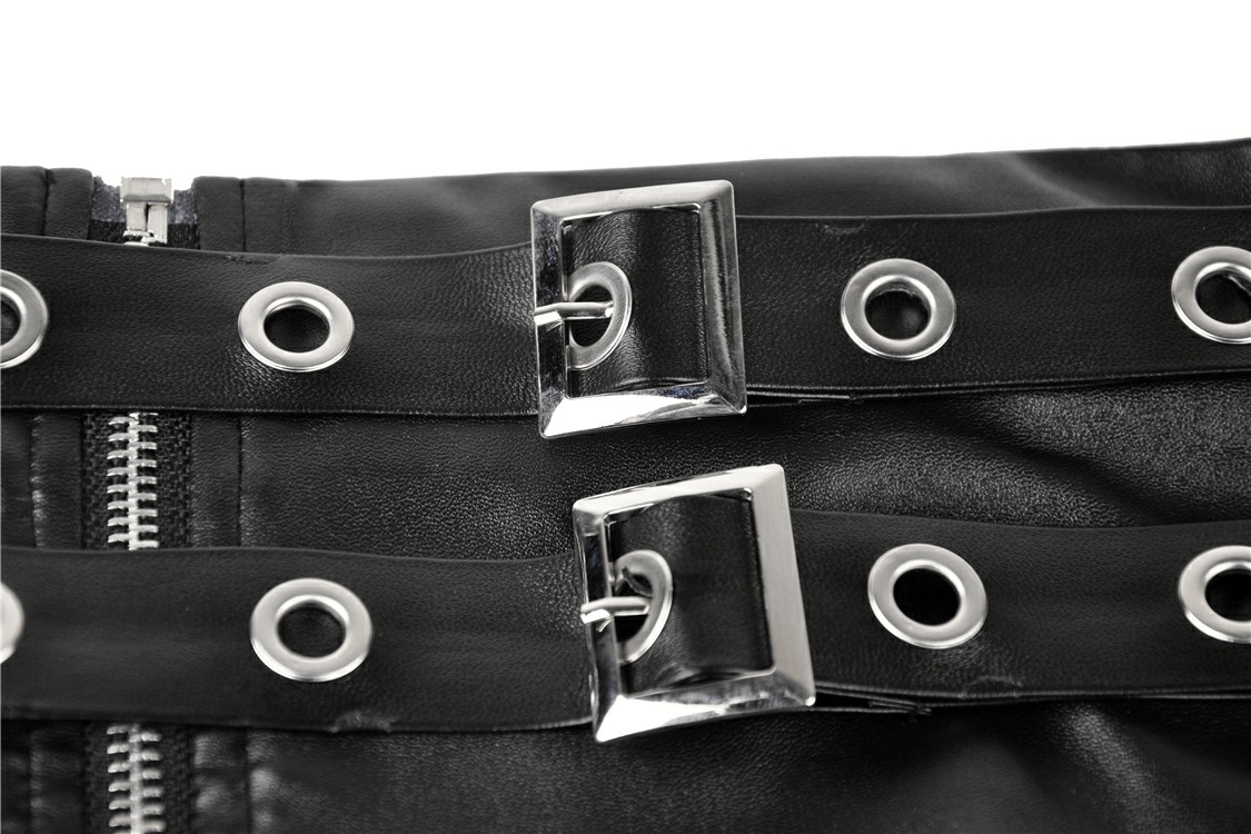 Close-up of double grommet belts and zipper detail on gothic black faux leather skirt.