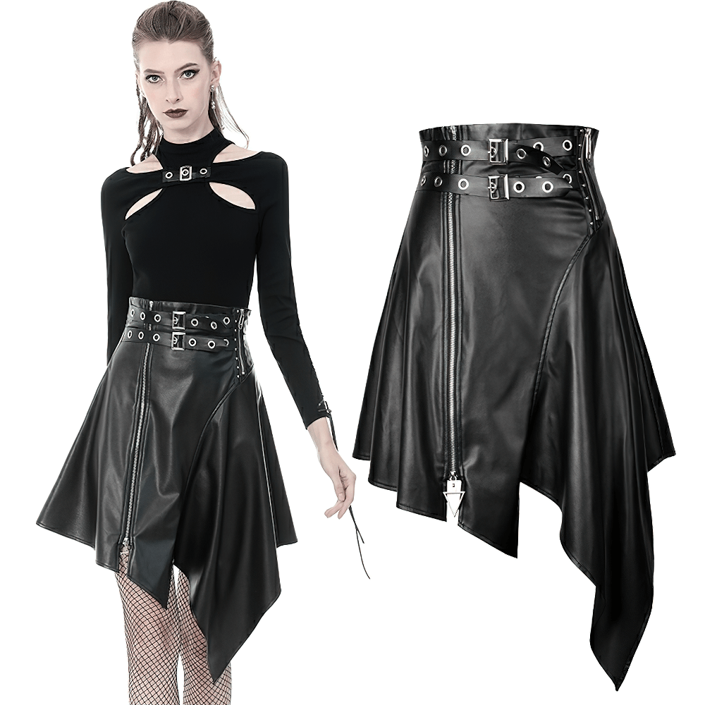 Gothic black faux leather asymmetric belted skirt with punk details, styled with edgy top and fishnet stockings.
