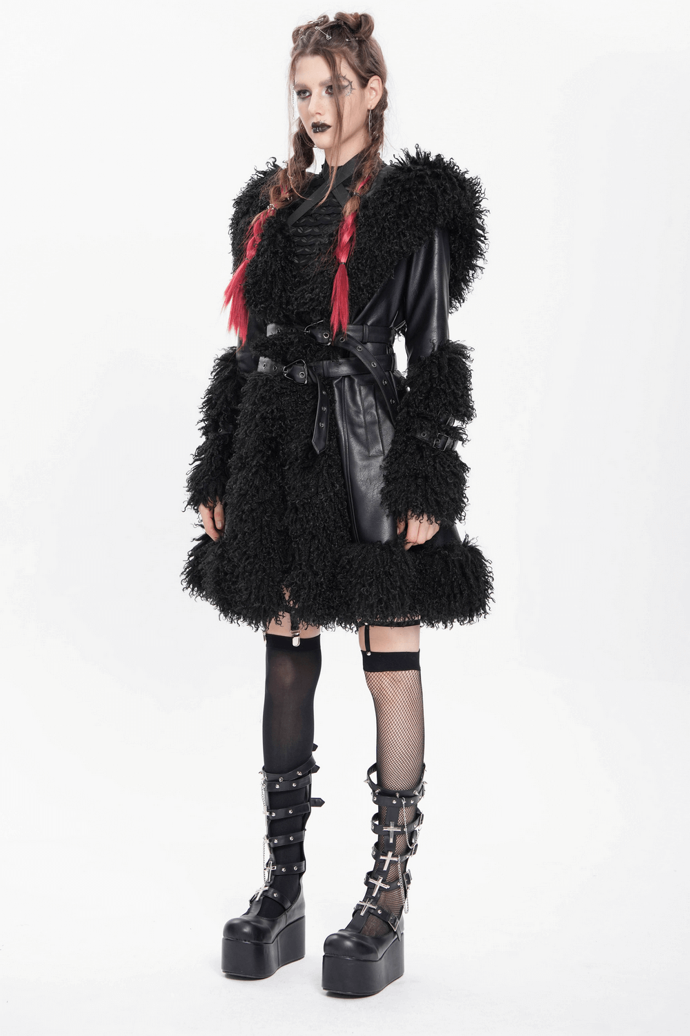 Gothic black faux leather coat with fur trim, belted waist, and edgy punk style, perfect for festivals and alternative fashion.
