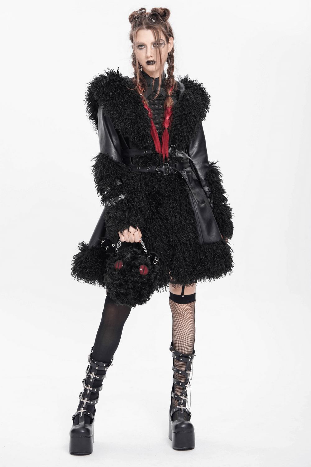 Gothic black faux leather hooded coat with faux fur trim for women, stylish punk fashion look.
