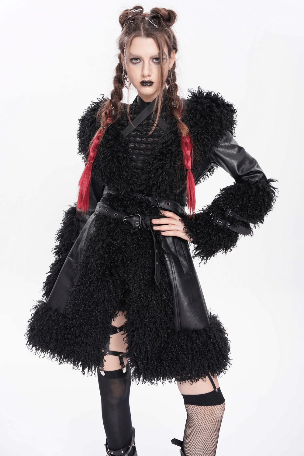 Punk gothic black faux leather hooded coat with fur trim, showcasing edgy style and bold fashion statement.