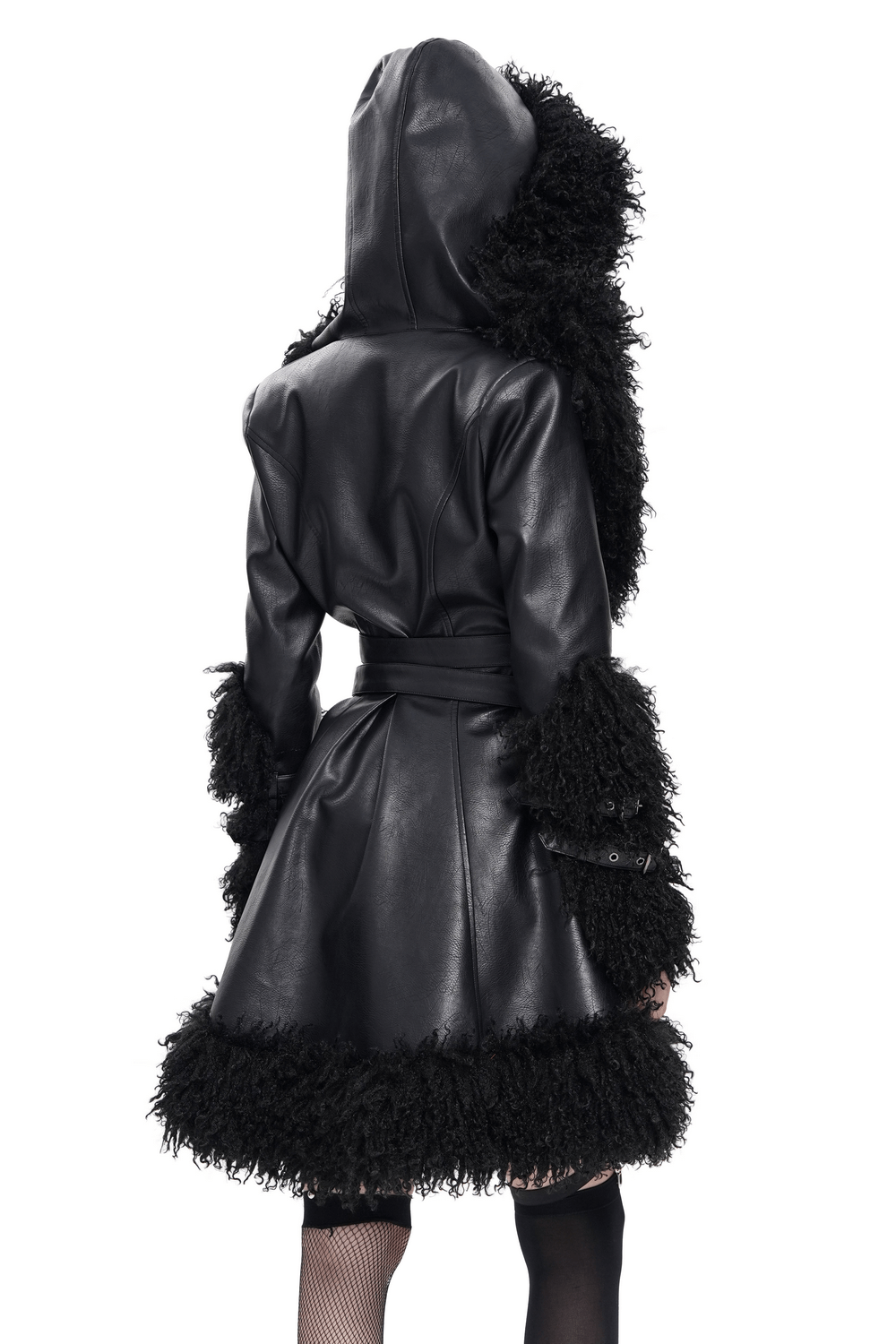 Back view of a gothic black faux leather hooded coat with plush fur trim, showcasing a stylish belt and textured fur cuffs.