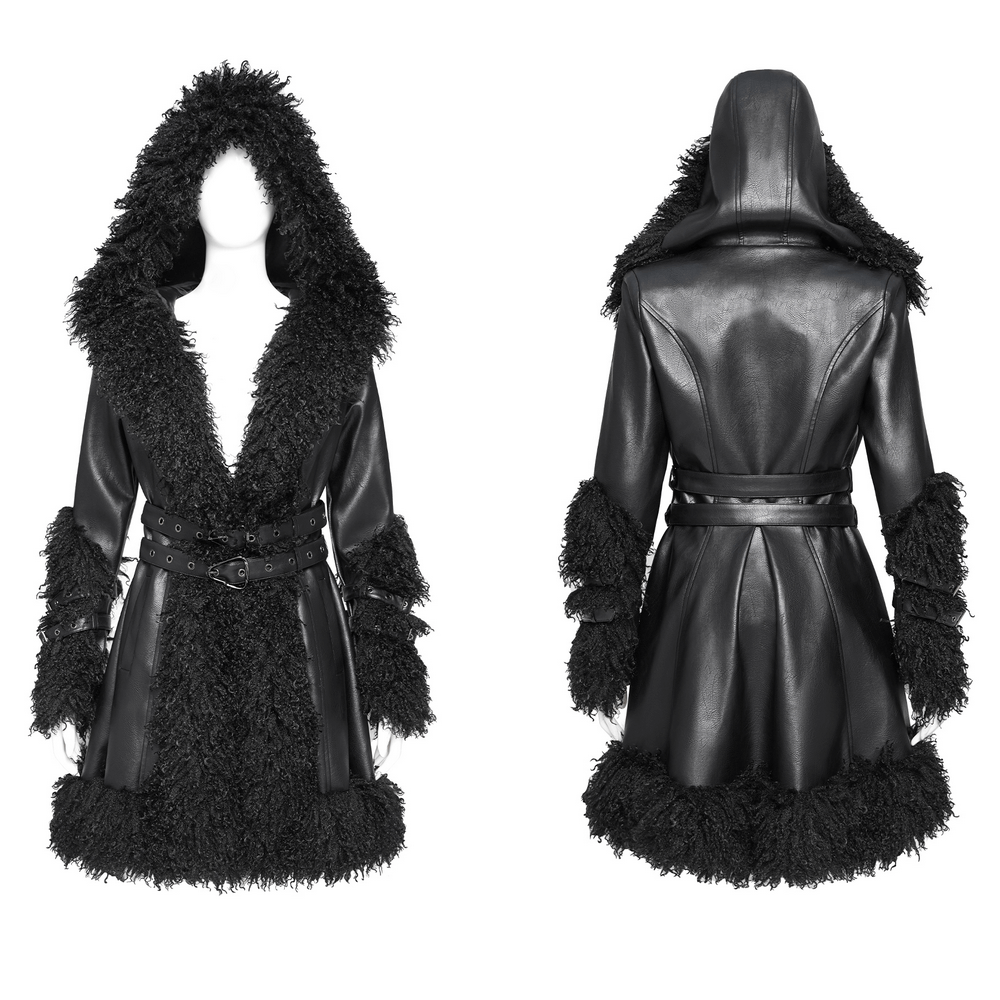 Gothic black faux leather hooded coat with fur trim, featuring a belted waist and textured cuffs. Perfect for punk style.