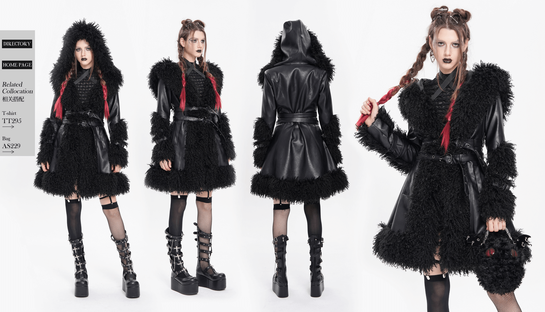 Gothic black faux leather hooded coat with faux fur trim, stylishly worn with punk accessories and dramatic makeup.