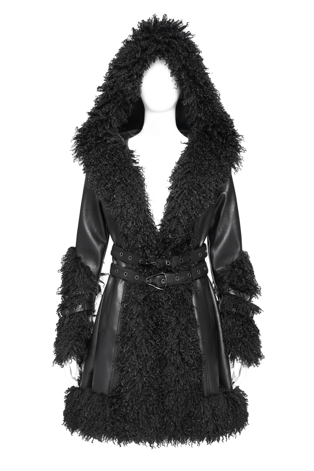 Gothic black faux leather hooded coat with plush faux fur trim and belted waist, perfect for punk and alternative fashion.