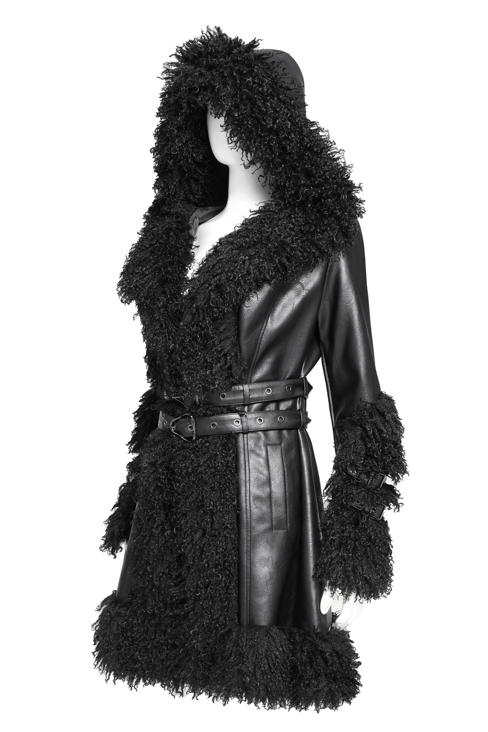 Gothic black faux leather hooded coat with plush fur trim and belted waist, perfect for alternative streetwear.