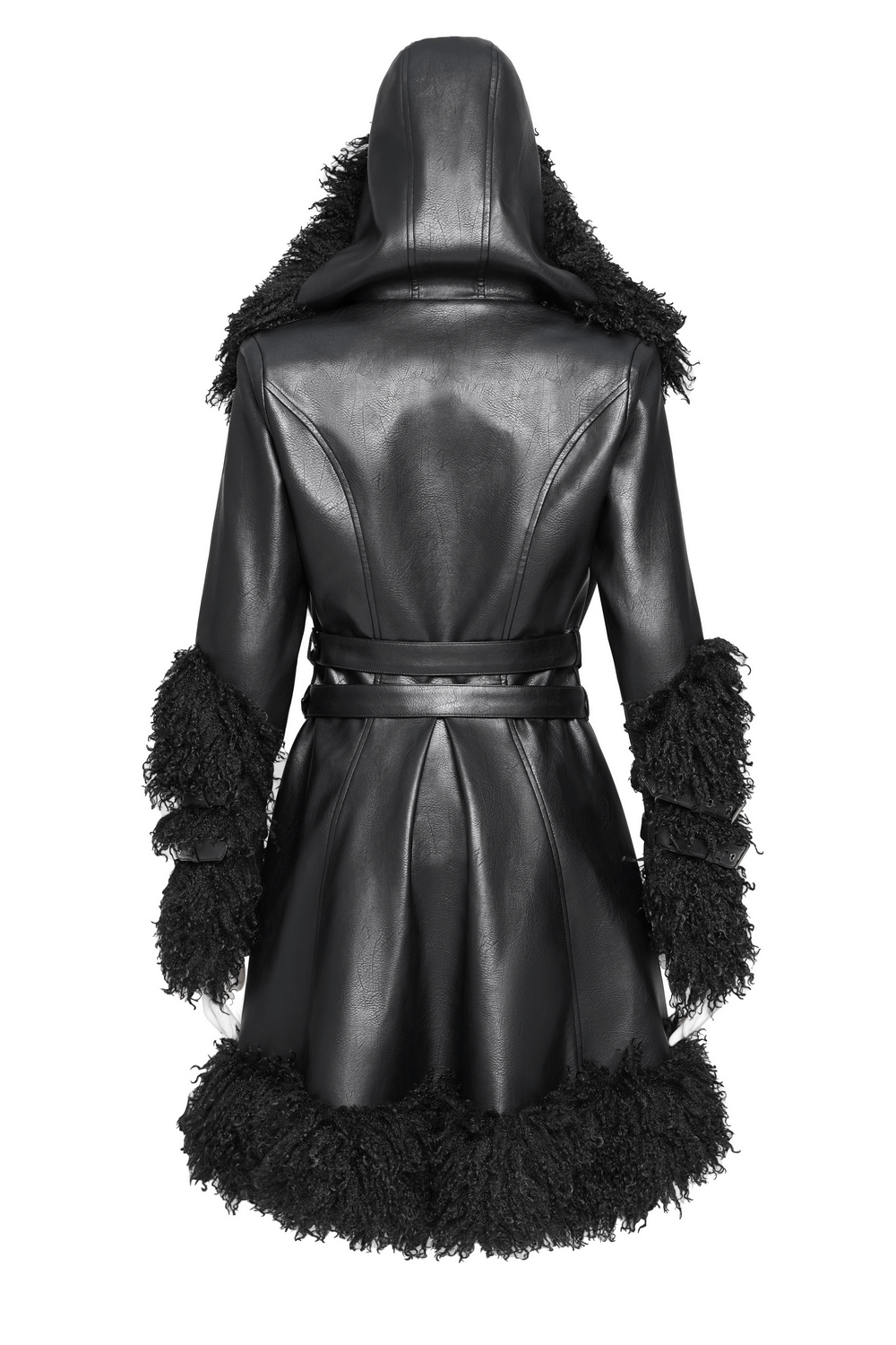 Back view of a gothic black faux leather coat with fur trim, featuring a dramatic hood and belted waist.