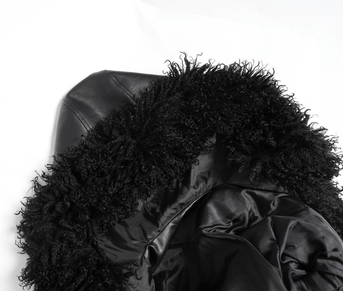 Close-up of gothic black faux leather coat hood with plush faux fur trim, showcasing edgy, textured details.
