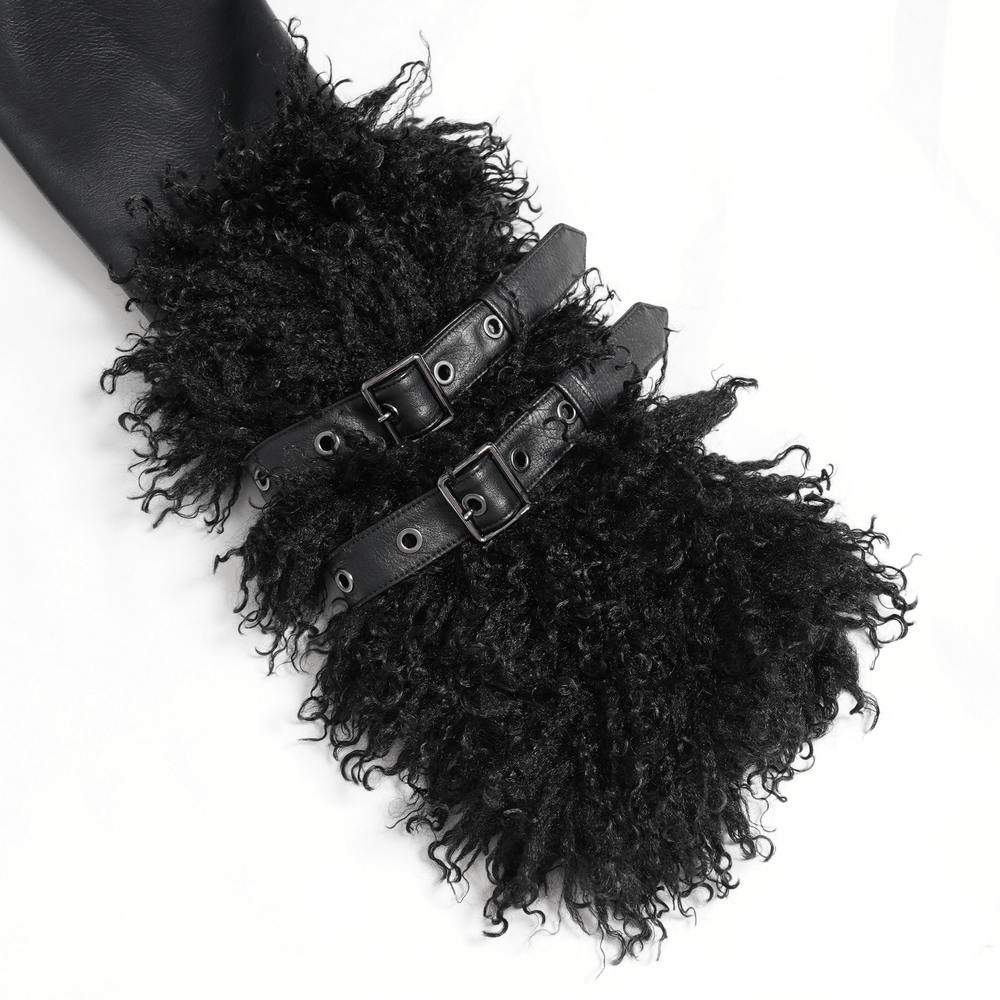 Close-up of gothic black faux leather coat cuffs with textured faux fur and stylish belt straps.