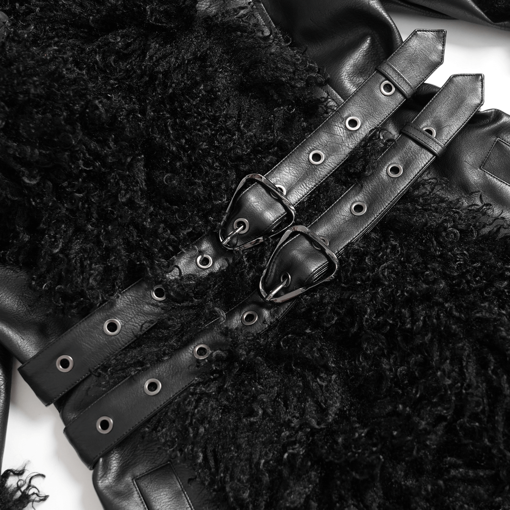 Close-up of gothic black faux leather coat detailing with plush faux fur and buckle fastenings.