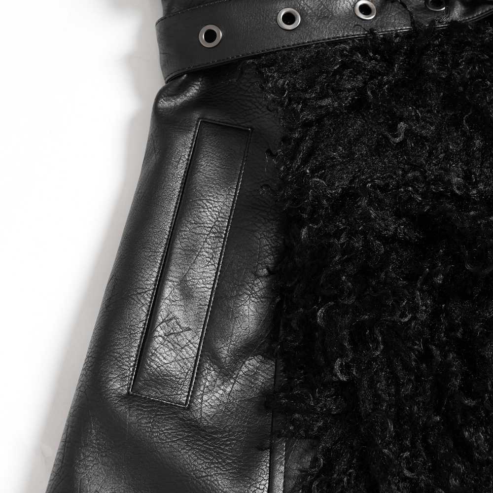 Close-up of black faux leather coat with plush faux fur trim and edgy belt detail for a gothic punk look.