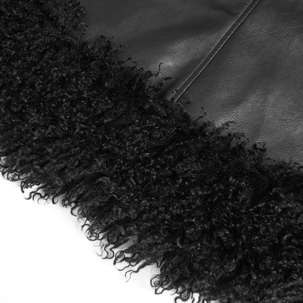 Close-up of the textured black faux fur trim on a gothic faux leather coat, showcasing edgy and stylish detail.